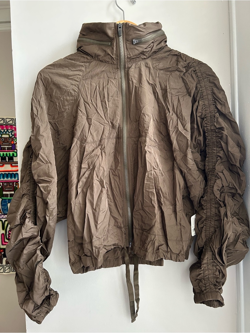 Free People Brown Ruched-Sleeve Zip Bomber Jacket